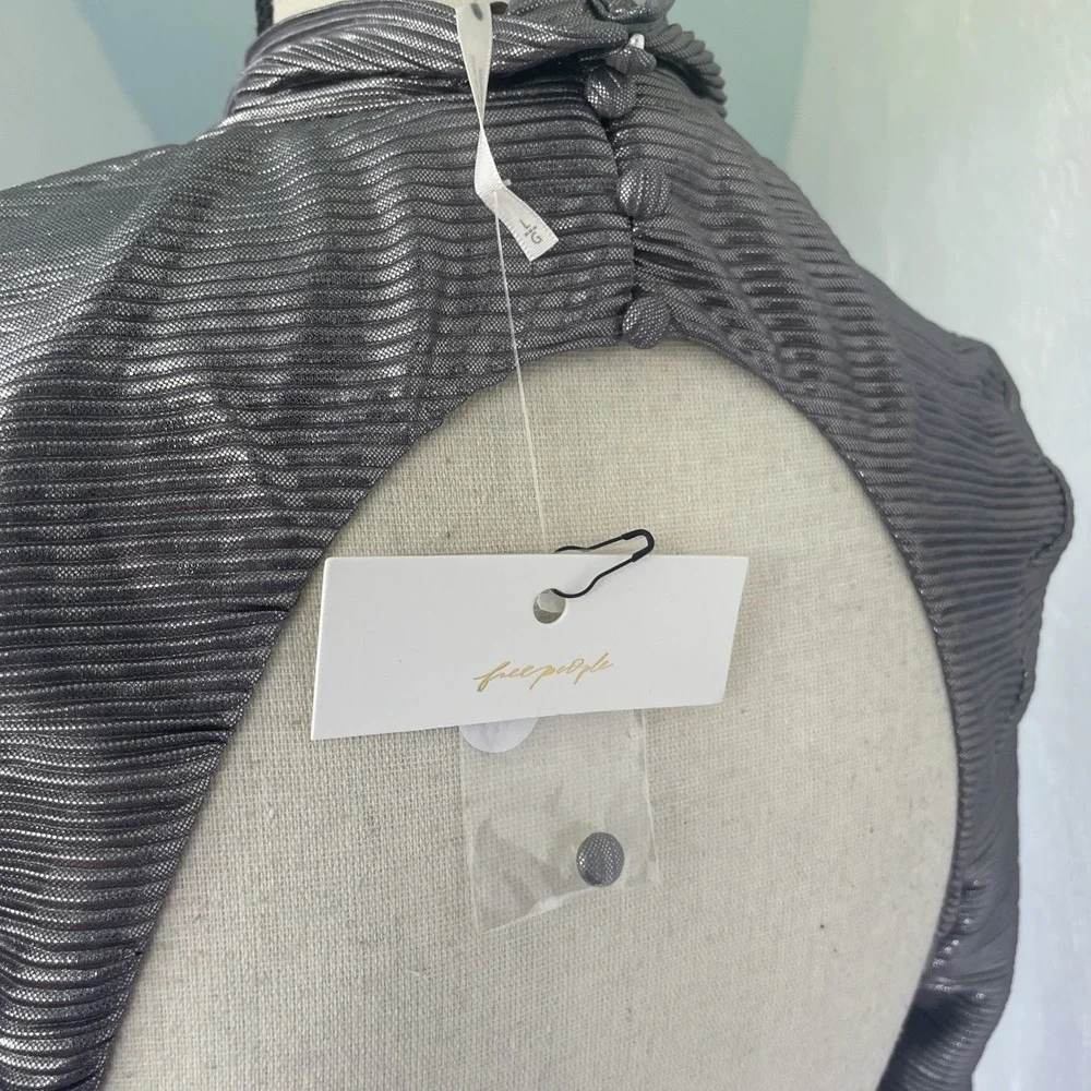 Free People NWOT Mila Metallic Maxi Dress  Open Back Silver Gray Shimmer Large